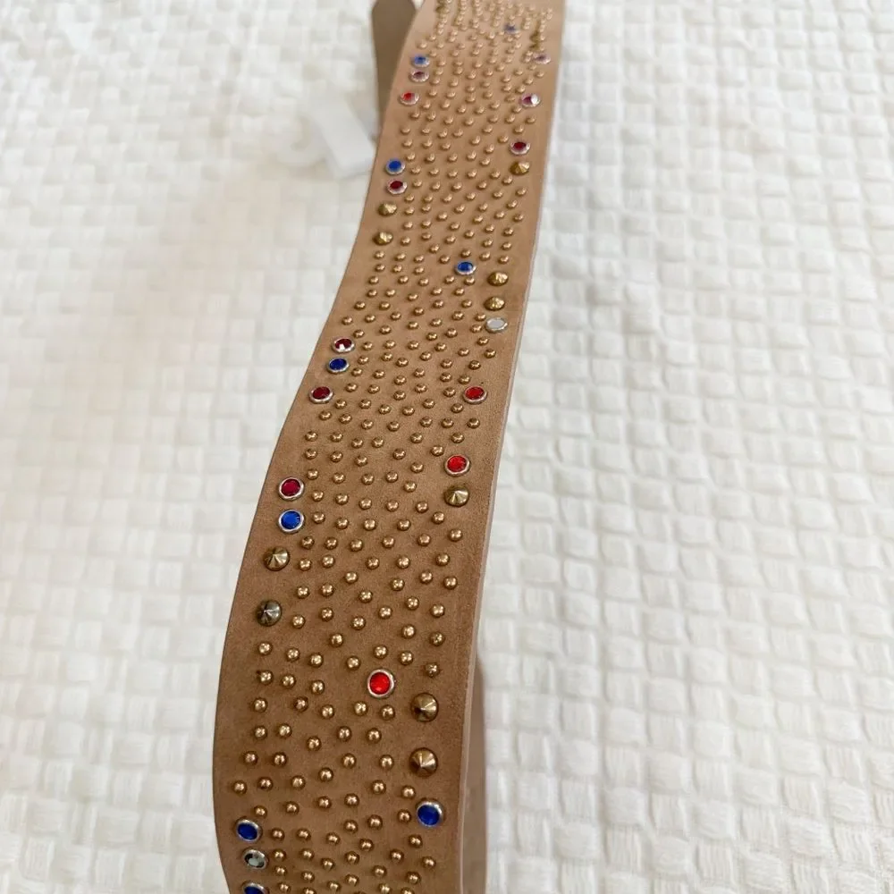 NEW Wide Vegan Leather Belt with Colorful and Metallic Studs Tan Khaki